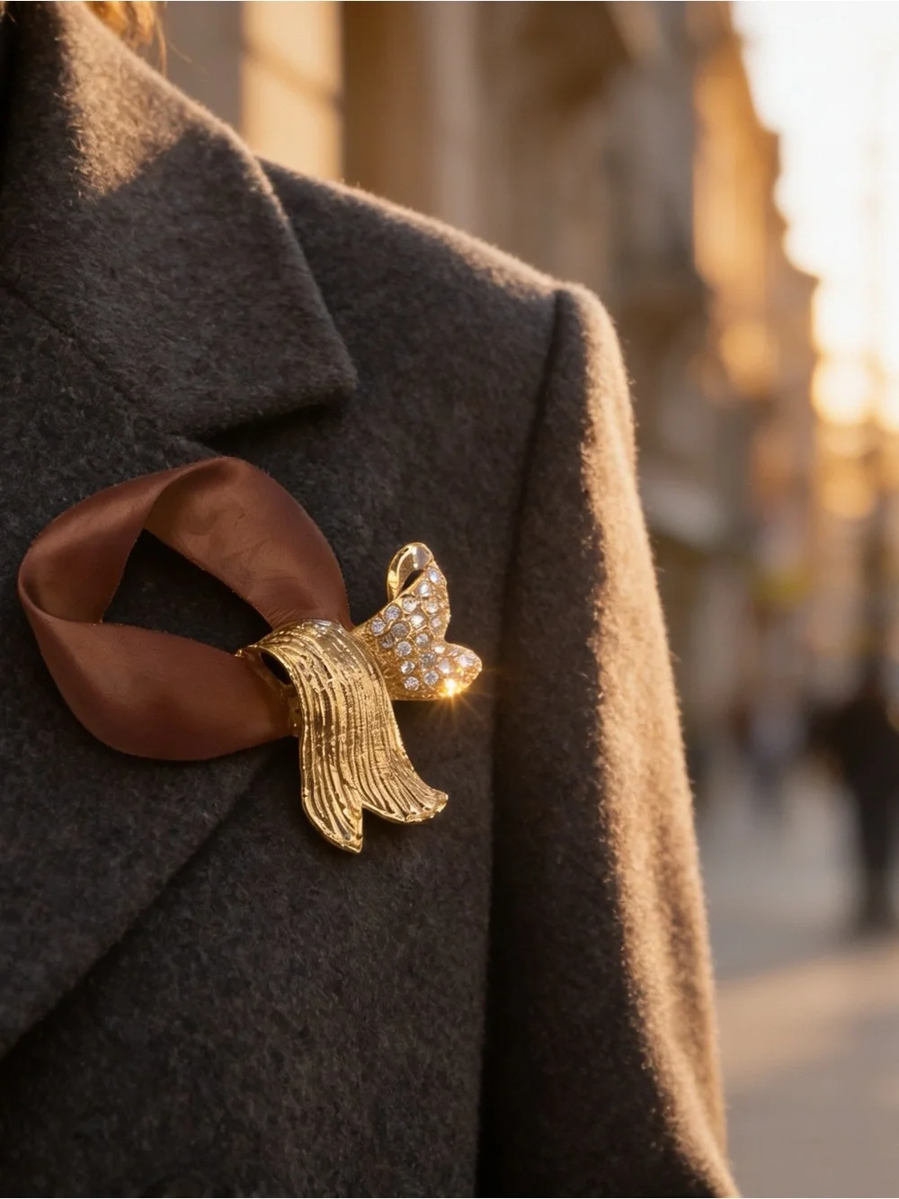 Mauve-Burgundy Bow Brooch with Gold-Tone & Crystal Accents